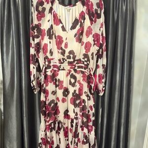 Calvin Klein Cream and Burgundy Floral Long Sleeve Dress